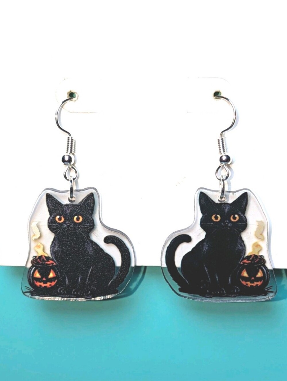 Hand Crafted Black Cat Halloween Pet Charm Earrings with Orange Pumpkin